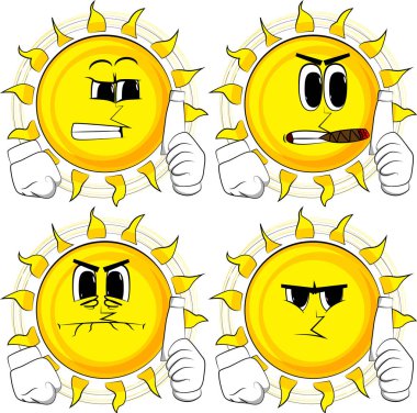 Hamur boş tüp tutan güneş karikatür. Kızgın yüzü olan koleksiyon. İfadeler kümesi vektör.