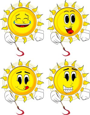 Karikatür sanatçısı güneş boyama. Mutlu yüzler koleksiyonuyla. İfadeler kümesi vektör.