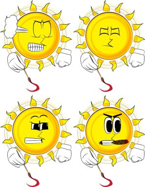 Karikatür sanatçısı güneş boyama. Kızgın yüzü olan koleksiyon. İfadeler kümesi vektör.