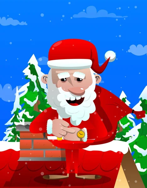 Santa Claus Kontrollera Sin Klocka Vektor Tecknad Karaktär Illustration — Stock vektor