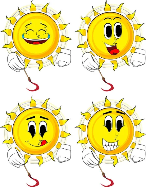 Karikaturist Sonnenmalerei Kollektion Mit Glücklichen Gesichtern Ausdrucksvektorsatz — Stockvektor