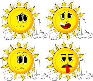 Çizgi film güneş holding beyaz uzun boylu kutusu. Yüzleri üzgün koleksiyonuyla. İfadeler kümesi vektör.