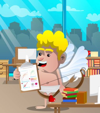 Aşk tanrısı gösteren aşk rapor, diğer elinde ok ve yayla. Vektör çizgi film karakteri çizim.