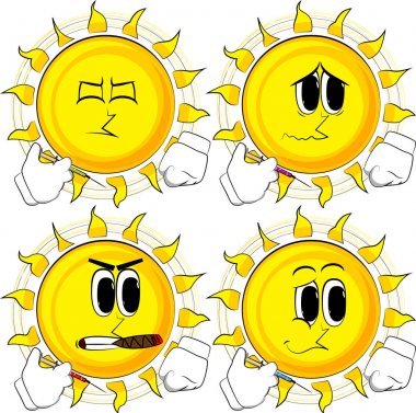 Güneş tıp enjeksiyon ile el karikatür. Yüzleri üzgün koleksiyonuyla. İfadeler kümesi vektör.