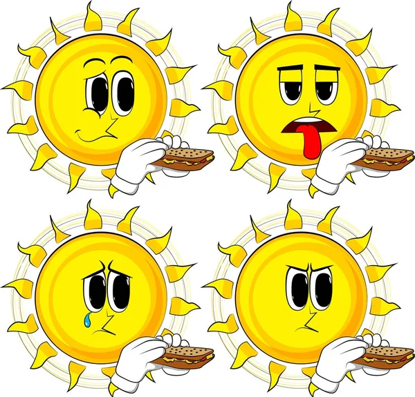 Sol Dos Desenhos Animados Comer Uma Sanduíche Coleção Com Rostos — Vetor de Stock