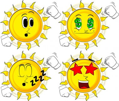 Çizgi film güneş birisi, tehdit Görüntüleyici yumruk sallıyor. Koleksiyon çeşitli yüz ifadeleri ile. Vektör set.