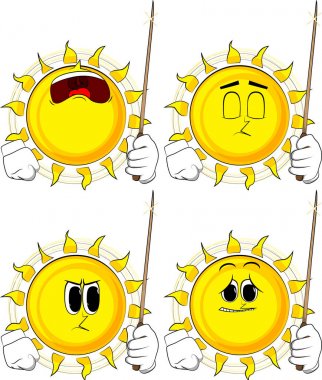 Güneş bir sihirli değnek ile karikatür. Yüzleri üzgün koleksiyonuyla. İfadeler kümesi vektör.