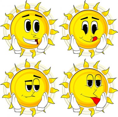 Çizgi film güneş yüzünü dokunaklı. Mutlu yüzler koleksiyonuyla. İfadeler kümesi vektör.