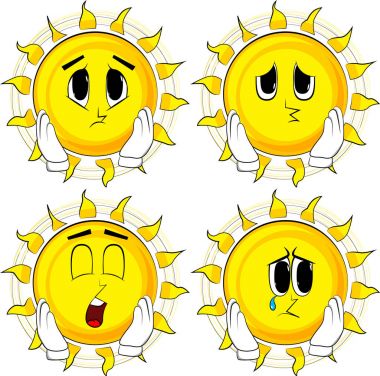 Çizgi film güneş yüzünü dokunaklı. Yüzleri üzgün koleksiyonuyla. İfadeler kümesi vektör.