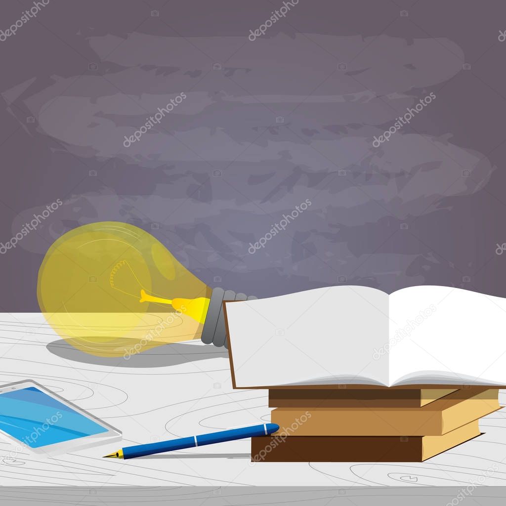 School books, pen, idea bulb with smart phone and empty blackboard on the background, education concept. Vector cartoon style illustration.