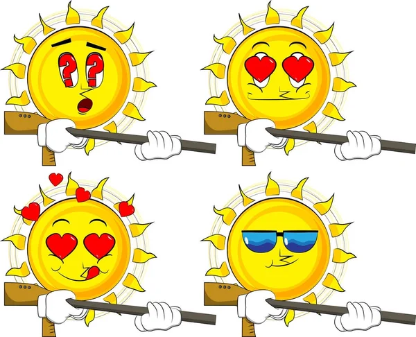 Мультяшне Сонце Великим Пістолетом Колекція Різними Виразами Обличчя Векторний Набір — стоковий вектор