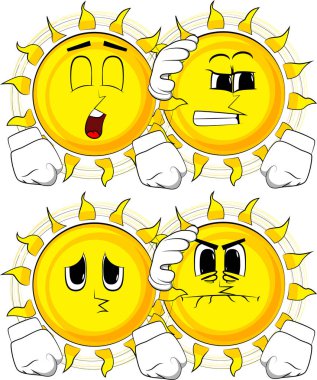 Çizgi film güneş başka bir güneş ve rahatlatıcı. Yüzleri üzgün koleksiyonuyla. İfadeler kümesi vektör.