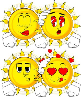 Çizgi film güneş başka bir güneş ve rahatlatıcı. Koleksiyon çeşitli yüz ifadeleri ile. Vektör set.