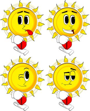 Çizgi film güneş kalbi sıkıştırma. Mutlu yüzler koleksiyonuyla. İfadeler kümesi vektör.