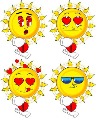 Çizgi film güneş kalbi sıkıştırma. Koleksiyon çeşitli yüz ifadeleri ile. Vektör set.