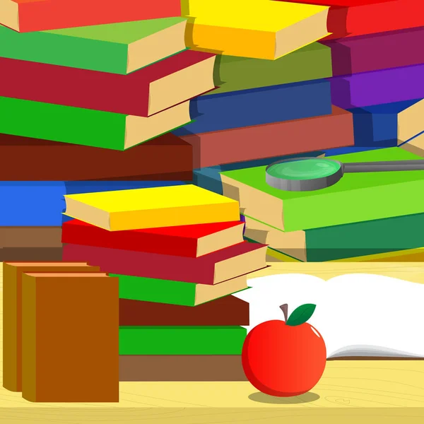 学校的课本 放大镜 苹果放在桌子上 摞在书本上的背景 教育理念 矢量卡通风格插画 — 图库矢量图片