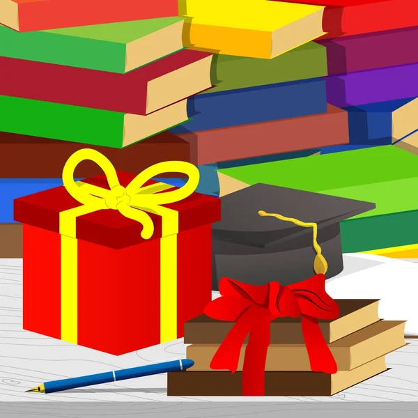 Schulbücher Stift Abschlussmütze Mit Geschenkbox Und Stapel Bücher Auf Dem — Stockvektor