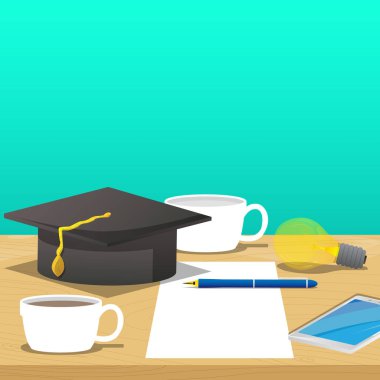 Kalem beyaz kağıt, akıllı telefon, boş ve dolu kahve fincanı, mezuniyet kap ve ampul üstünde okul sırası. Eğitim kavramı. Vektör karikatür tarzı çizim.