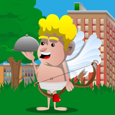 Eros gümüş cloche el ve yay ve ok diğer elinde. Vektör çizgi film karakteri çizim.