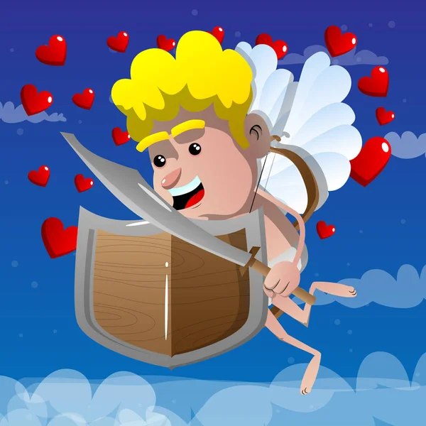 Cupido Met Een Zwaard Schild Vectorillustratie Cartoon Karakter — Stockvector