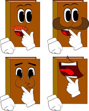 Parmak açık ağzının kendimi kitaplar. Karikatür kitap koleksiyonu ile mutlu yüzler. İfadeler kümesi vektör.