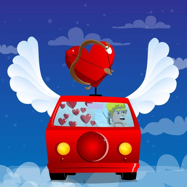 Cupido Conduciendo Coche Ilustración Personajes Dibujos Animados Vectoriales — Vector de stock