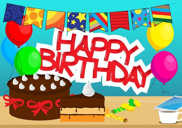 手机和一杯咖啡放在桌上 气球和生日快乐的文字就在背景上 矢量卡通风格插画 — 图库矢量图片