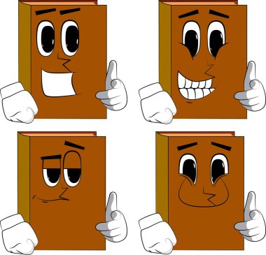 Görüntüleyiciyi eliyle işaret kitaplar. Karikatür kitap koleksiyonu ile mutlu yüzler. İfadeler kümesi vektör.