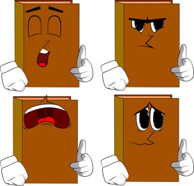 Görüntüleyiciyi eliyle işaret kitaplar. Karikatür kitap koleksiyonu ile yüzleri üzgün. İfadeler kümesi vektör.