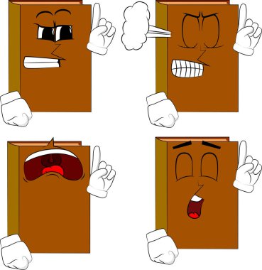 Bir şey anlatmaya kitaplar. Kızgın ve üzgün yüzlerle karikatür kitap koleksiyonu. İfadeler kümesi vektör.