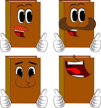 Kitap iki el işaretiyle Yaşasın yapma. Karikatür kitap koleksiyonu ile mutlu yüzler. İfadeler kümesi vektör.