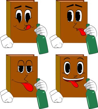 Bir şişe tutan kitaplar. Karikatür kitap koleksiyonu ile mutlu yüzler. İfadeler kümesi vektör.