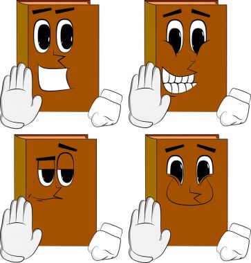 Gösterilen kitaplar inkar ya da el hareketi reddetme. Karikatür kitap koleksiyonu ile mutlu yüzler. İfadeler kümesi vektör.