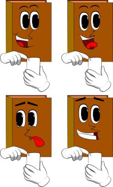 Kitap bir cep telefonu kullanarak. Karikatür kitap koleksiyonu ile mutlu yüzler. İfadeler kümesi vektör.