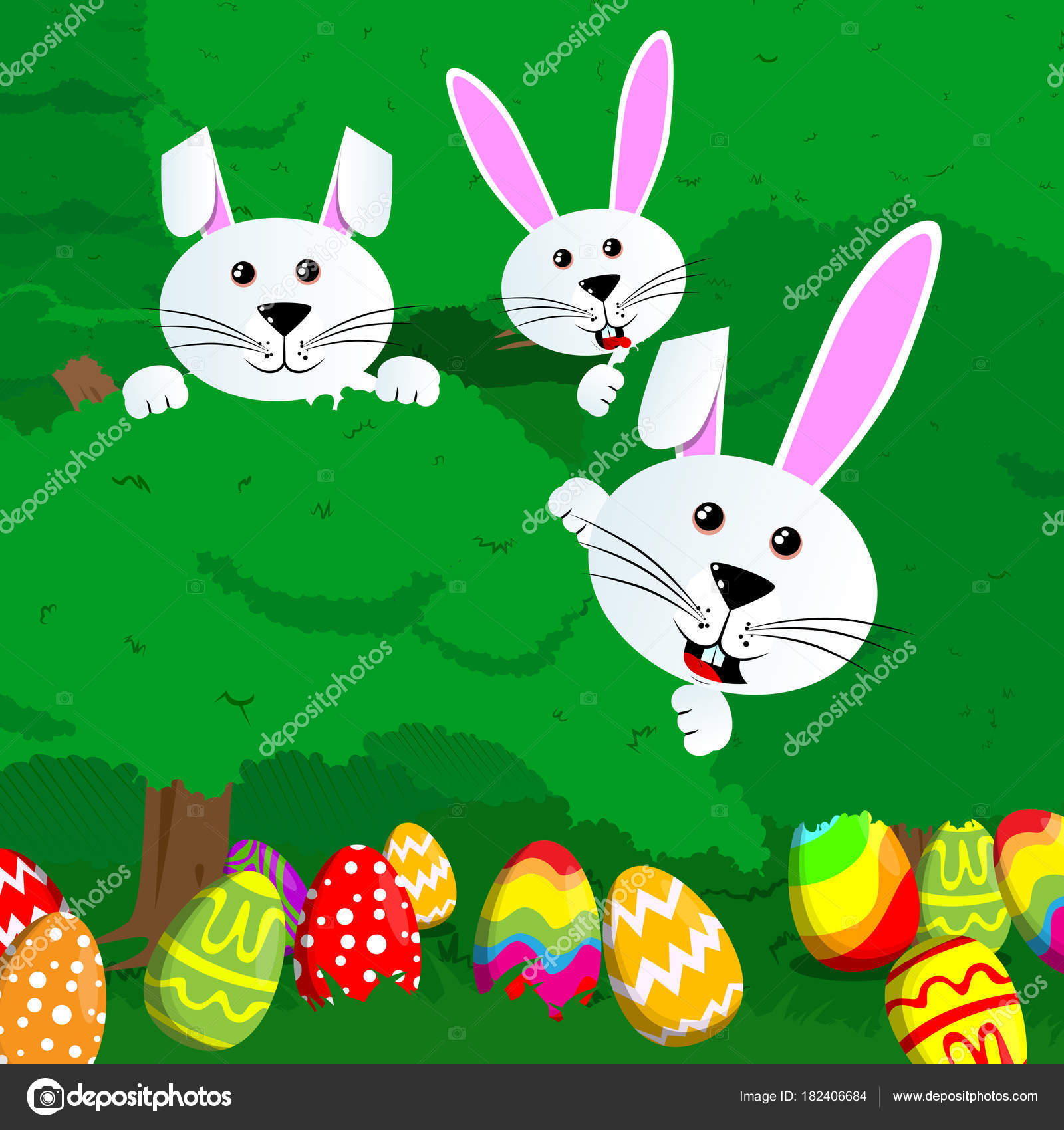 Easter Egg Hunt Invitation Dyed Eggs Rabbits Green Trees Bushes Stock Vector Image By C Noravector