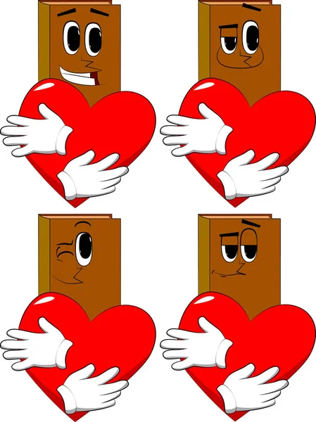 Knihy Objímání Velké Červené Srdce Sbírka Knih Kreslené Šťastné Tváře — Stockový vektor