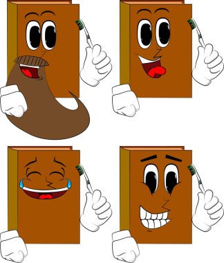 Diş fırçası tutan kitaplar. Karikatür kitap koleksiyonu ile mutlu yüzler. İfadeler kümesi vektör.