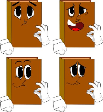 Ok işaret gösteren kitaplar. Karikatür kitap koleksiyonu ile yüzleri üzgün. İfadeler kümesi vektör.
