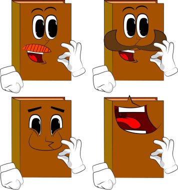 Ok işaret gösteren kitaplar. Karikatür kitap koleksiyonu ile mutlu yüzler. İfadeler kümesi vektör.