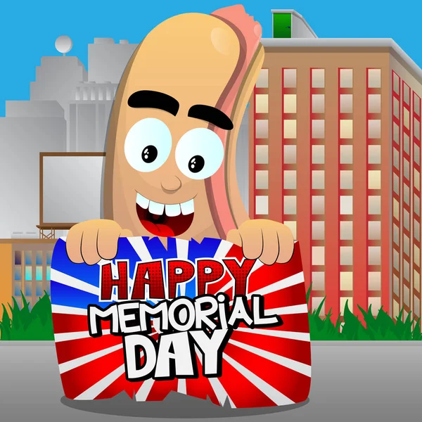 Hot Dog holding a Happy Memorial Day banner. Cartoon style vector illustration.