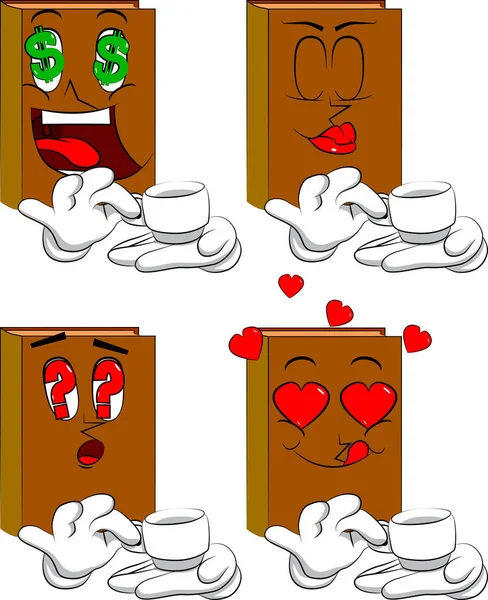Books holding a cup of coffee. Cartoon book collection with various faces. Expressions vector set.