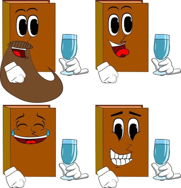 Bir bardak su ile kitapların. Karikatür kitap koleksiyonu ile mutlu yüzler. İfadeler kümesi vektör.