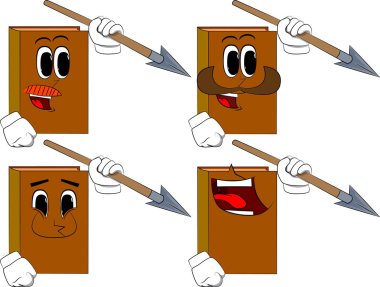 Mızrak elinde tutan kitaplar. Karikatür kitap koleksiyonu ile mutlu yüzler. İfadeler kümesi vektör.