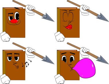 Mızrak elinde tutan kitaplar. Karikatür kitap koleksiyonu ile çeşitli yüzleri. İfadeler kümesi vektör.