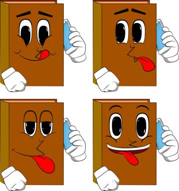 Kitaplar cep telefonuyla konuşuyor. Karikatür kitap koleksiyonu ile mutlu yüzler. İfadeler kümesi vektör.