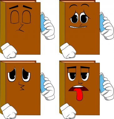Kitaplar cep telefonuyla konuşuyor. Karikatür kitap koleksiyonu ile yüzleri üzgün. İfadeler kümesi vektör.