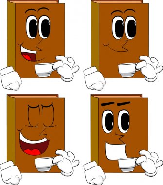 Kahve içme kitaplar. Karikatür kitap koleksiyonu ile mutlu yüzler. İfadeler kümesi vektör.