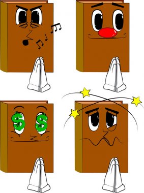 Kitaplar eller dua ile. Karikatür kitap koleksiyonu ile çeşitli yüzleri. İfadeler kümesi vektör.