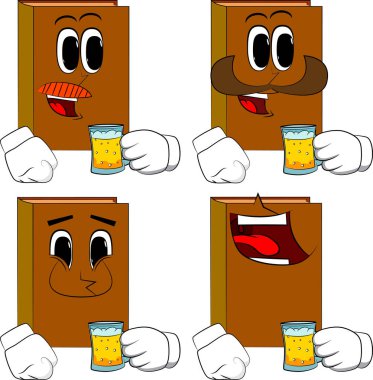Kitaplar bira içiyor. Karikatür kitap koleksiyonu ile mutlu yüzler. İfadeler kümesi vektör.