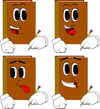 Kalemle yazma kitaplar. Karikatür kitap koleksiyonu ile mutlu yüzler. İfadeler kümesi vektör.
